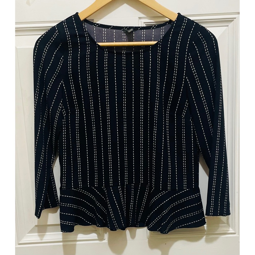 Ann Taylor Petite XXSP Black‎ White Striped Peplum 3/4 Sleeve Blouse Top